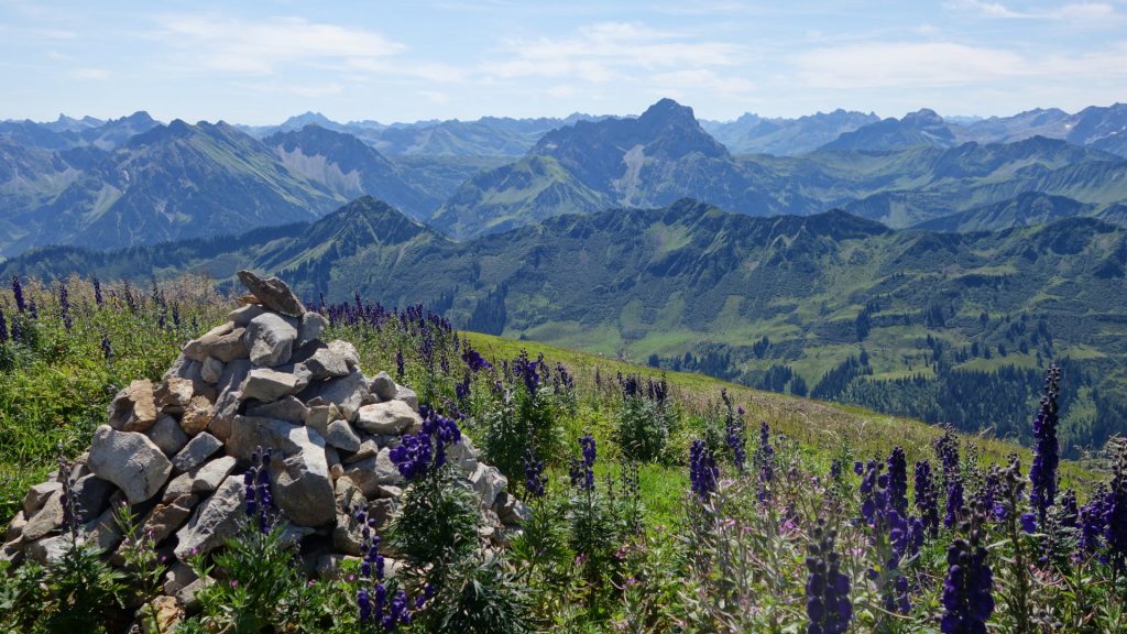 Auf dem Gipfel des Hohen Ifen Blick nach Süden, links vorne das Wallmendinger Horn, oben Mitte der Widderstein